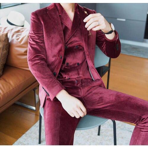 Wine Red Luxury Velvet Suit Business Suit Groom Tuxedos Suit Fit Blazer Dinner Suits Men Costume Three Pieces(Jacket+Pants+Vest)