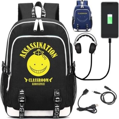 Assassination Classroom Backpack w/ USB Fashion Port Headphone Rucksack Bag Teenager Student School Laptop Shoulder Bag Gift