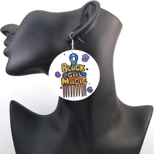 SOMESOOR Black Girl Magic Comb Afro Art Wooden Drop Earrings African Painting Design Handmade Wood Dangle Jewelry For Women Gift
