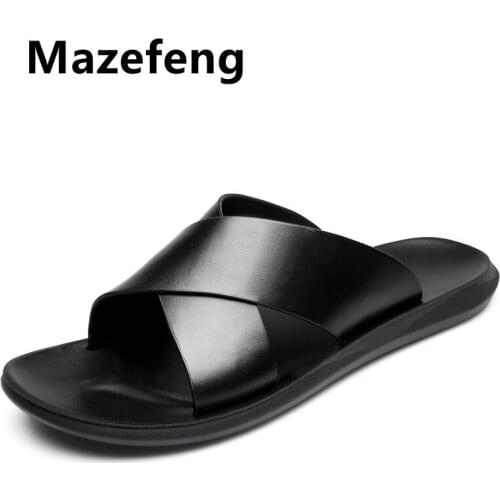 Mazefeng Genuine Cow Leather Slippers Couple Outdoor Non-slip Men Home Fashion Casual Single Shoes PVC Soft Soles Spring Summer
