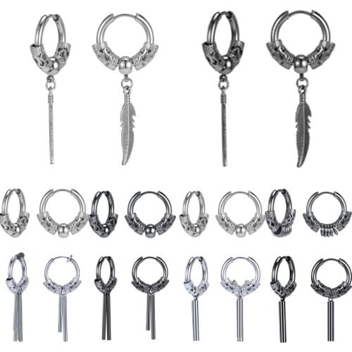 ZS BT DNA Boy Drop Earrings for Men Women Stainless Steel Round Hoop Earrings Feather Black Gothic Hip Hop Korean Drop Earrings