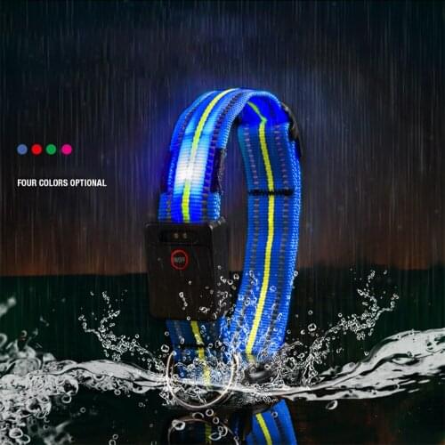 Waterproof LED Nylon Dog Collar Adjustable USB Charging Glow Necklace Reflective Strip Safety Pet Collar Avoid Lost Car Accident
