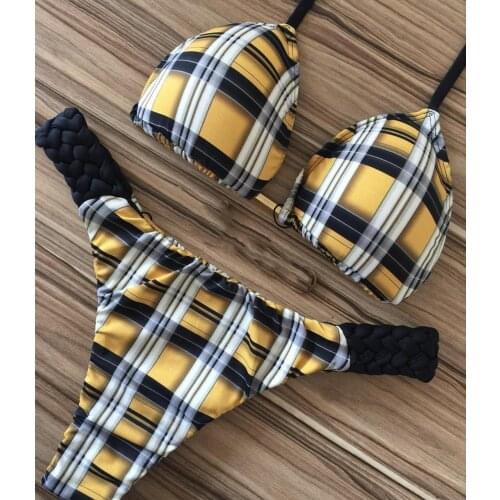 2020 Women Two Pieces Swimsuit Checks Print Halter Ruffles Bikini Set Bathing Swimwear Swimsuit Female Separate Swimsuit Women