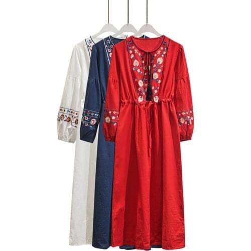 Bohemian Retro Floral Embroidery Dress Women Casual Cotton Linen Shirt Dress Spring Autumn Midi-calf Dresses Vestidos