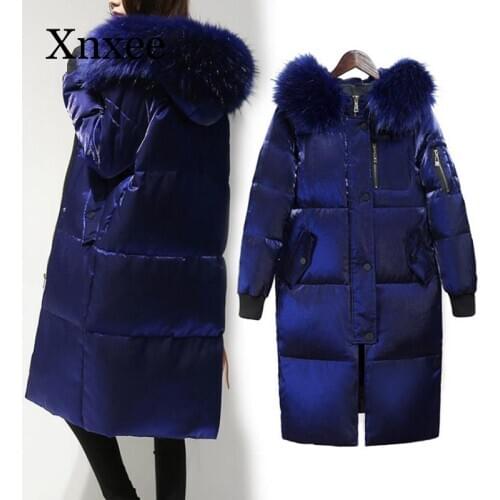 Winter Jacket Women White Duck Down Big Fur Collar Hooded Long Velour Parkas Coat Female Slim Snow Outerwear tendy long coat