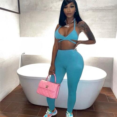 2021 Summer Women Sport Fitness 2 Two Piece Set Outfits Sexy Bandage V Neck Crop Top + Leggings Two Piece Set Tracksuit Women