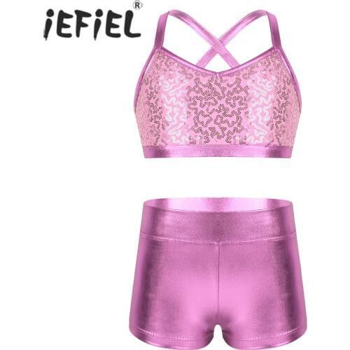 Body Dance Ballet Costumes for Girls Spaghetti Shiny Sequins Top with Bottoms Ballet Dancewear Kids Gymnastics Leotard Clothes