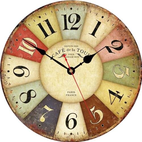 Decorative Vintage French Paris Wall Clock Blockcolor Arab Numeral Quartz Movement Round Wooden Wall Clock