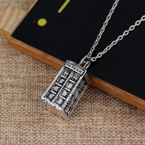 Dongsheng Doctor DW Necklace 3D Antique Silver Color Tardis Police Box Pewter Tall Long Chain Pendant Necklace For Men Women