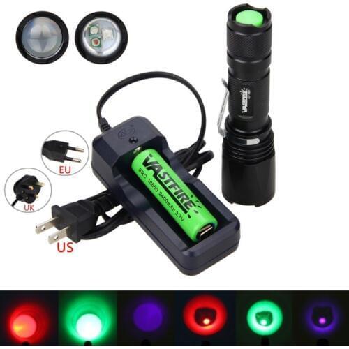 2000Lm Red/UV/Green 3x XPE LED Flashlight Zoomable Fishing Hunting Lamp Torch With 18650 Battery +Charger