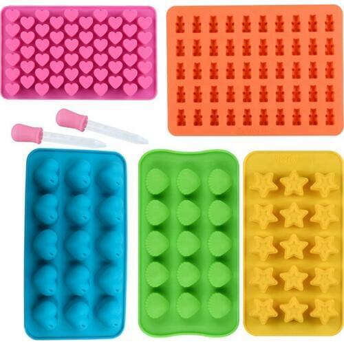 Cake Tools Molds Silicone Candy Molds 50 Cavity Gummy Bear and 15 Cavity Hearts Stars Shells Shapes Chocolate Molds with Dropper