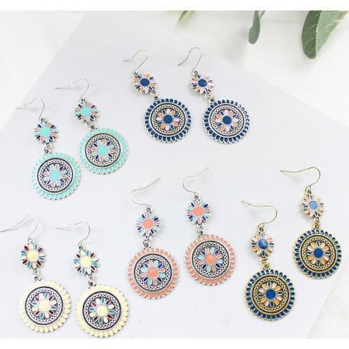 Glamour Sun Flower Double Pendant Earrings Ethnic Color Color Flowers Bohemian Earrings Vacation Vintage Jewelry for Women
