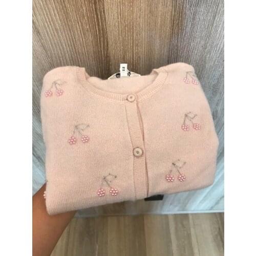 Baby Girl Cardigan Beading Cherry Pattern Pink Colour Girls Cardigans 35% Wool High Quality Kids Clothes