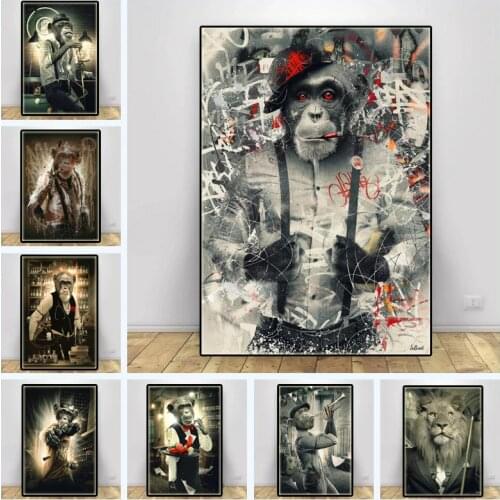 Smoking Monkey In Suit Graffiti Poster Modern Funny Animal Canvas Painting Prints Wall Street Art Picture For Room Decor Cuadros