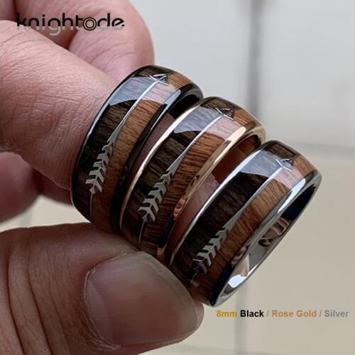 8/6mm Fashion Tungsten Carbide Wood Rings Steel Arrow Inlay For Men Women Classic Engagement Ring Dome Band Polished Comfort
