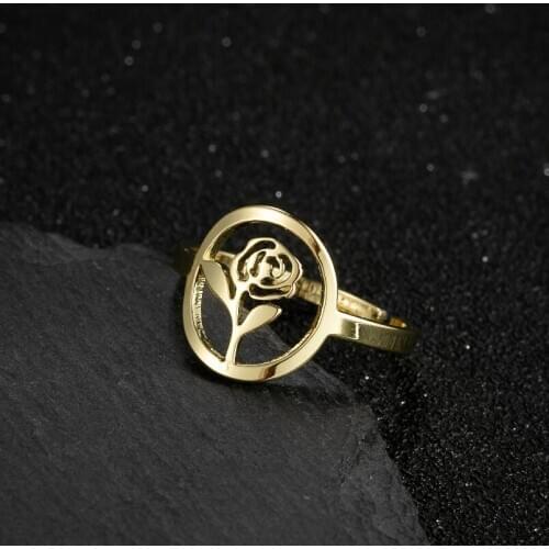 Jisensp Bohemian Style Stainless Steel Finger Rings Classic Hollow Round Rose Flower Rings Fashion Jewelry for Women Best Gift