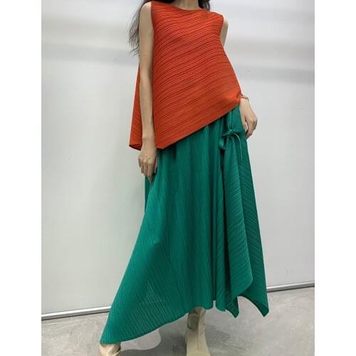 Summer 2021 Miyake Pleated Sleeveless irregular top T-shirt Oversized loose A-line skirt causal aesthetic clothes