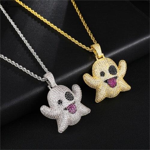 Hot Sale Ghost Necklace & Pendant With 3/4/5MM Rope Chain Gold Silver Color Bling Cubic Zircon Mens Hip Hop Jewelry For Gifts