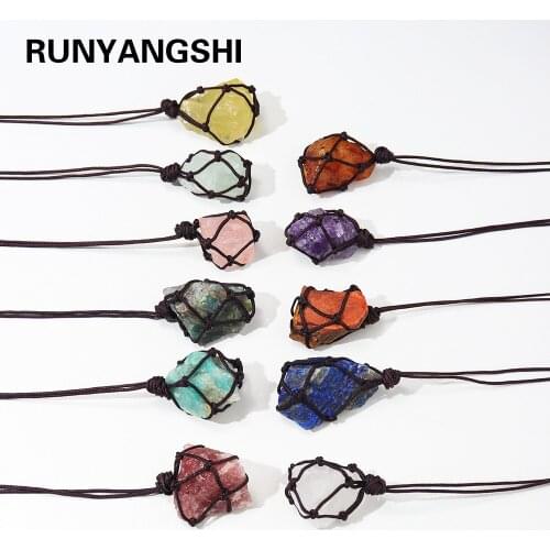 Natural Crystal Quartz Raw Net pocket pendant Crystal Necklace Healing Stone Reiki Hangings Craft With Weave Rope