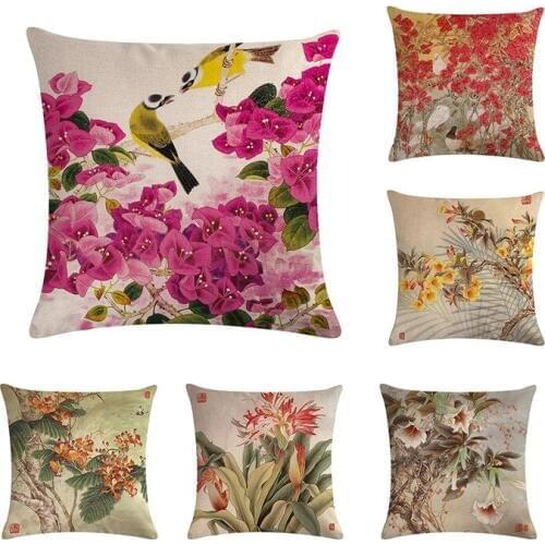 Beautiful Flowers Bird Pattern Cotton Linen Throw Pillow Cushion Cover Home Decoration Sofa Bed Decor Decorative Pillowcase
