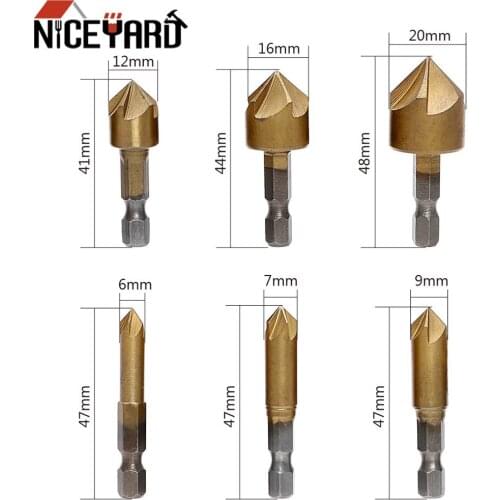 NICEYARD 6PCS 90 Degree Wood Chamfering Cutter Chamfer HSS 6mm-19mm Drill Bit 5 Flute Chamfer Countersink