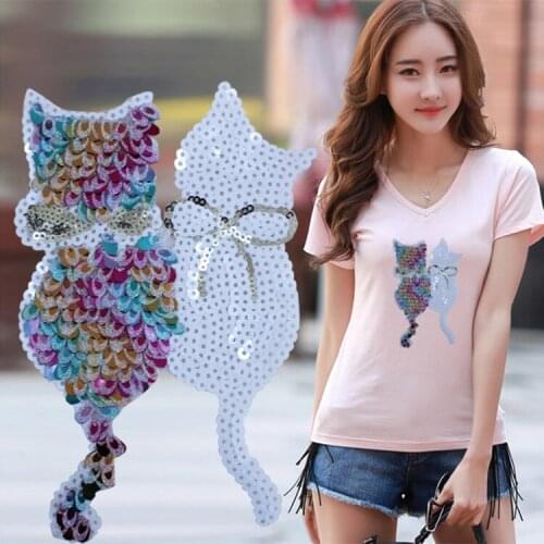New Big Flower Cats Embroidery Lace Applique Paillette Fabric Sweater Clothes Patch Sequined Stickers T-shirt Diy Decoration