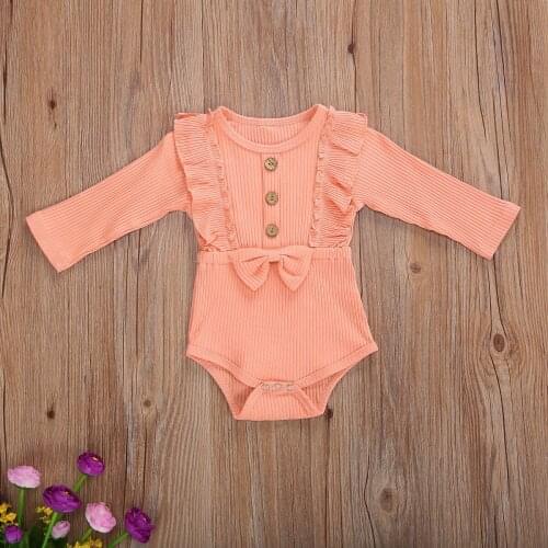 0-24M Spring Autumn Baby Romper Newborn Infant Baby Girl Solid Color Round-Neck Ruffle Long-Sleeves Bowknot Rompers Outfits