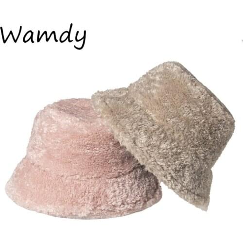 Lamb Faux Fur Bucket Hat Teddy Thick Warm Winter Hats For Women Lady Bob Panama Outdoor Plush Fisherman Hat Plush Fisherman Hat