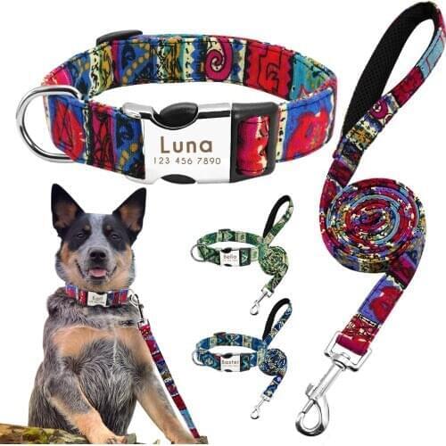 Personalized Pet Dog Collar Leash Set Custom Nylon Dog Collars and Leash Engrave Name Lead for Small Medium Large Dogs