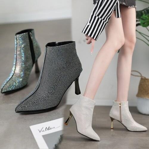 European and American sexy evening rhinestone stiletto boots womens 2020 autumn and winter new fashion pointed high heels