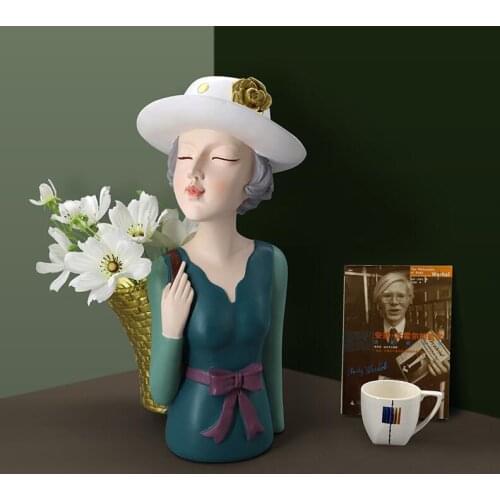 Modern Basket Girl Flower Pot Resin Storage Box Home Livingroom Desktop Figurines Crafts Store Coffee Table Statue Decoration