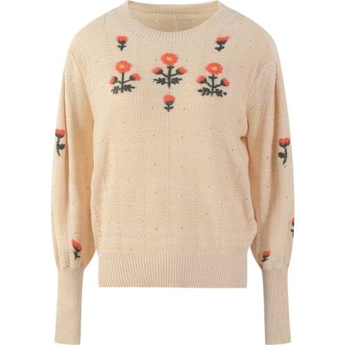 2021 Autumn Winter Women Sweater Pullovers O-Neck Lantern Sleeve Floral Embroidery Knit Tops Jumper Vintage Jersey Streetwear