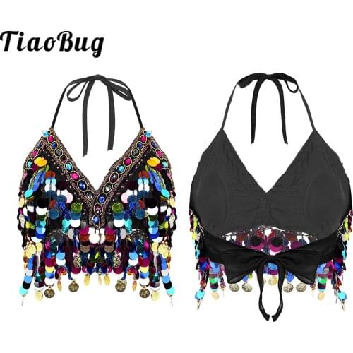 Belly Dance Top Sexy Lady Belly Dance Bandage Coin Tassels Halter Bra Top with Chest Pad
