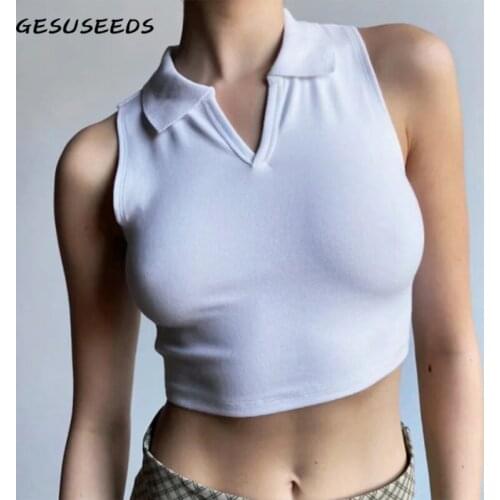 Elegant tank top women summer sleeveless tops office lady polo collar top korean knit crop top shirt slim white tops black blue