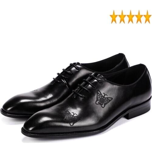 Pattern Butterfly Man Brogue Elegant Formal Office Men Pointed Toe Brand Luxury Genuine Leather Wedding Dress Shoes 2021
