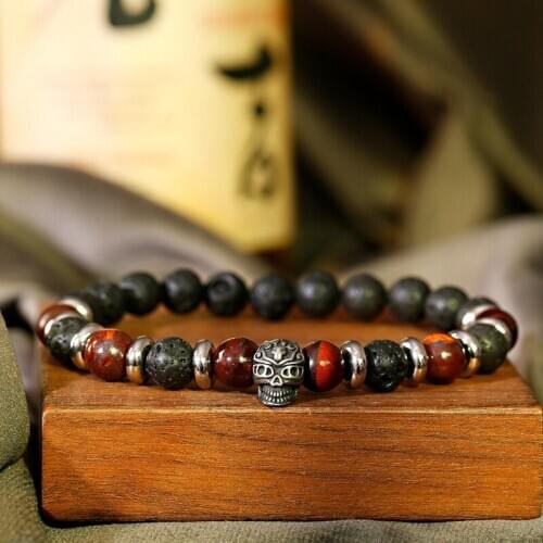Ethnic Crown Skull Bracelets For Men Bracelet Homme Jewelry Natural Tiger Eye Lava Beads Bangle Pulsera