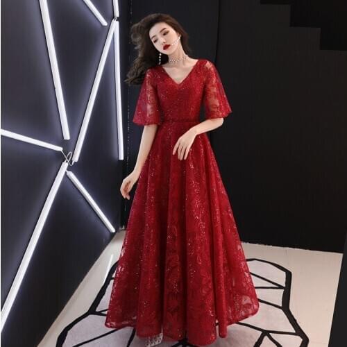 Evening Dresses V-neck Burgundy Evening Dress Elegant Shining Long Formal Gowns Plus Size robe de soiree