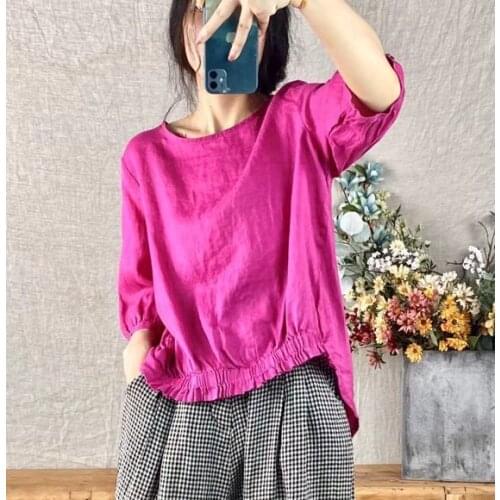 New Women Shirts Summer Sweet Style Solid Color Loose Half Sleeve Back Buttons Asymmetric Stretch Female Linen Tops