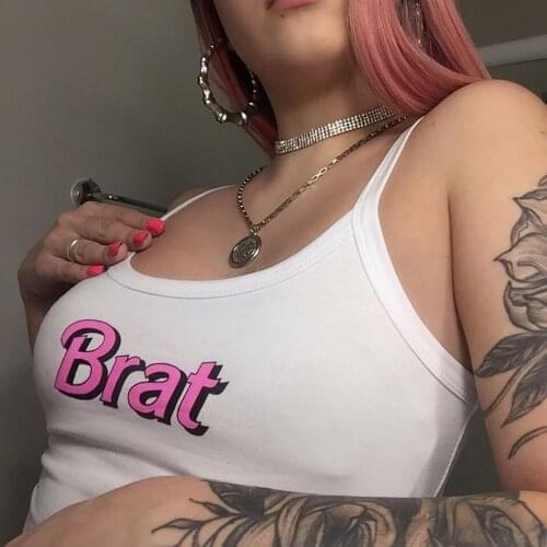 Brat Letter Print Women Camisole Casual Female Streetwear White Backless Short Undershirt Summer Sexy Slim Tank Tops