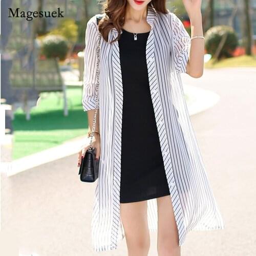2021 Beach Style Summer Sun Protect Long Shirts Women Loose Chiffon Cardigan Stripe Floral Print Air-conditioned Blouse 9126 50