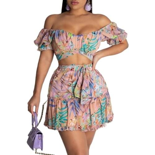 Ladies Short Skirt Suit Fashion Dashiki Print Sexy Backless Ultra Short Top + Mini Skirt Two-piece Suit Summer New African Suit