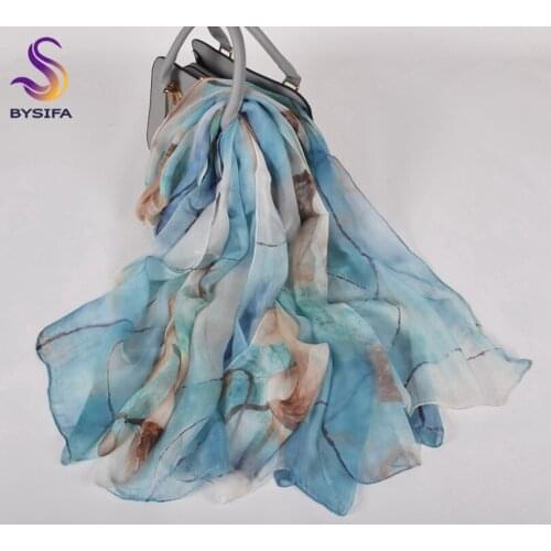 [BYSIFA] Khaki Blue Pure Silk Scarf Hijab Ladies Brand Long Scarves Summer Elegant Women Beach Shawl Winter Scarves180*110cm