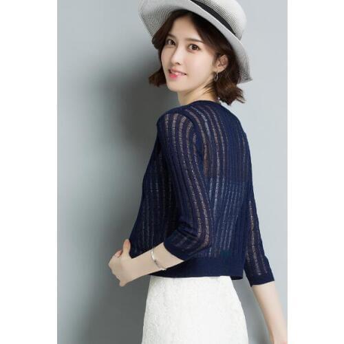 High quality womens summer & spring hollow out thin knitwear elegant v-neck ladies see through knit cardigan outwear