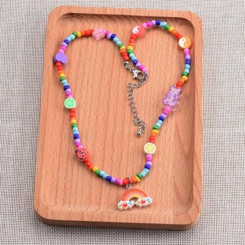 Korea Sweet Colorful Beads Rainbow Necklace for Women Girls Chain Chokers Accessories Summer Multicolor Pendant Jewelry