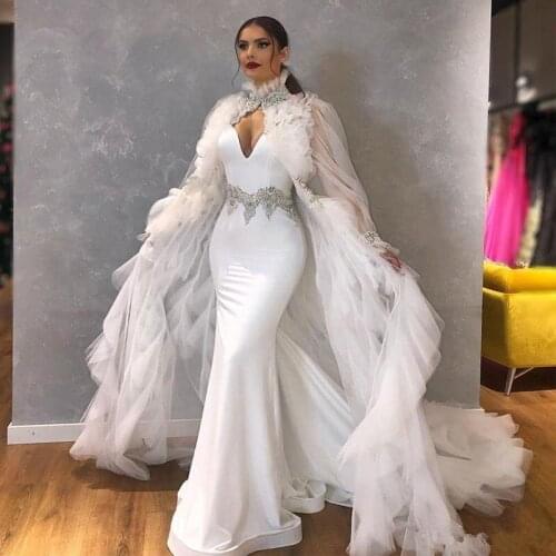 2020 White Mermaid Prom Dresses with Wrap Spaghetti Straps Beading Sequined Formal Evening Dress vestido de novia Party Gowns