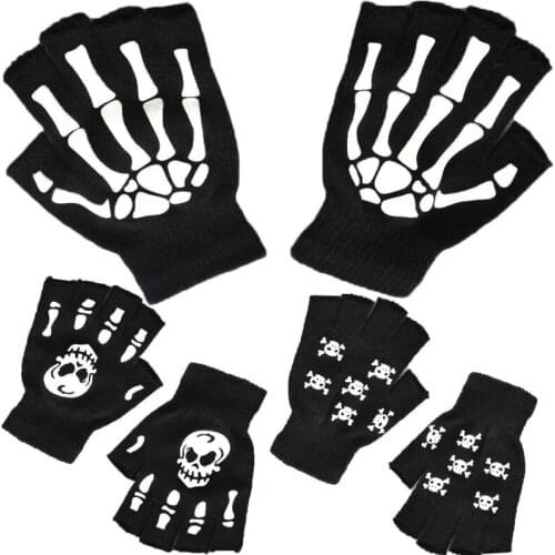 1Pair Warm Knitting Gloves For Adult Half Finger Gloves Human Skeleton Head Gripper Print Cycling Hiking Non-slip Wrist Gloves