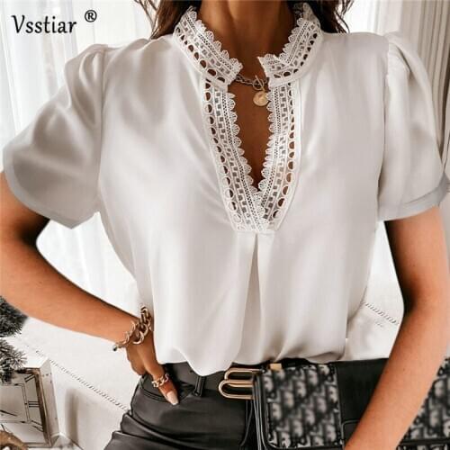 2021 Summer Short Sleeve Blouse Women Sexy Lace V Neck Casual Shirts New Arrivals Plus Size Solid Ladies Tops White Black