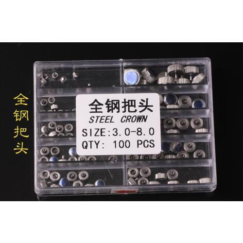 Free Shipping 100pcs Steel Stainless Watch Crowns Different Sizes 3.0-8.0mm for Watch Repair