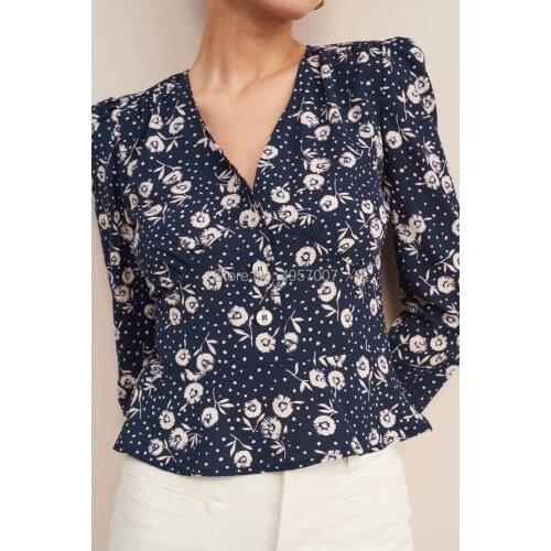 Viscose V Neck Puff Sleeve Printing Blouse Top With Buttoed Detail