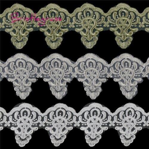 BRISTLEGRASS 1 Yard Embroidered Flower Vine Tulle Mesh Lace Trims Applique Patches Bridal Wedding Dress Costume DIY Sewing Craft